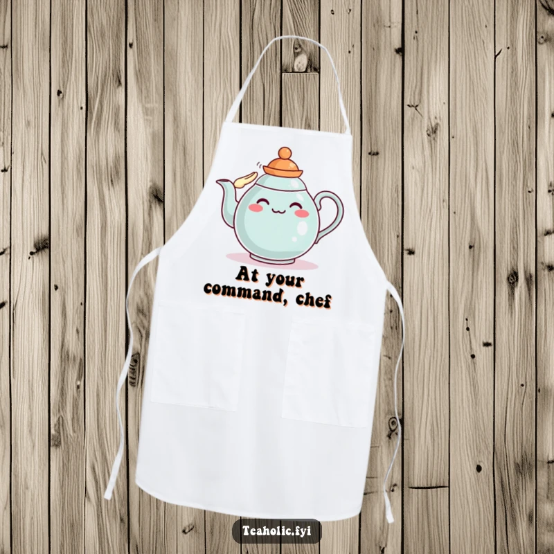 Funny teapot apron with a character saluting, ideal for cooking and as a funny gift.