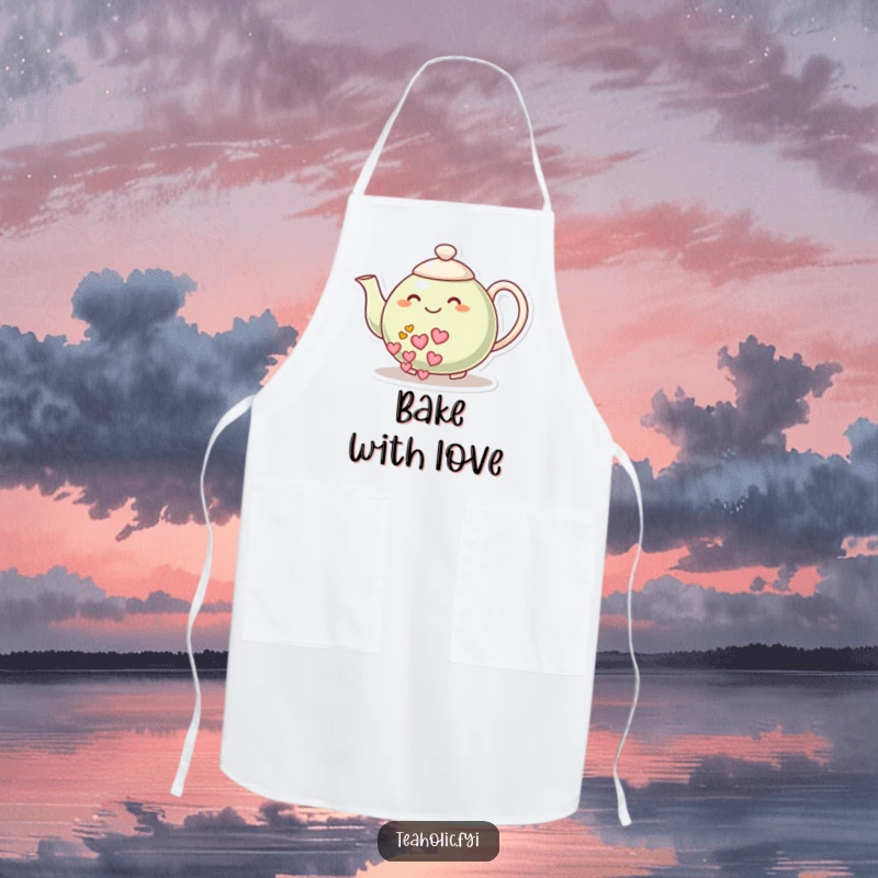 Funny apron: A smiling teapot character pours a stream of hearts, ready for culinary creations with a loving touch.