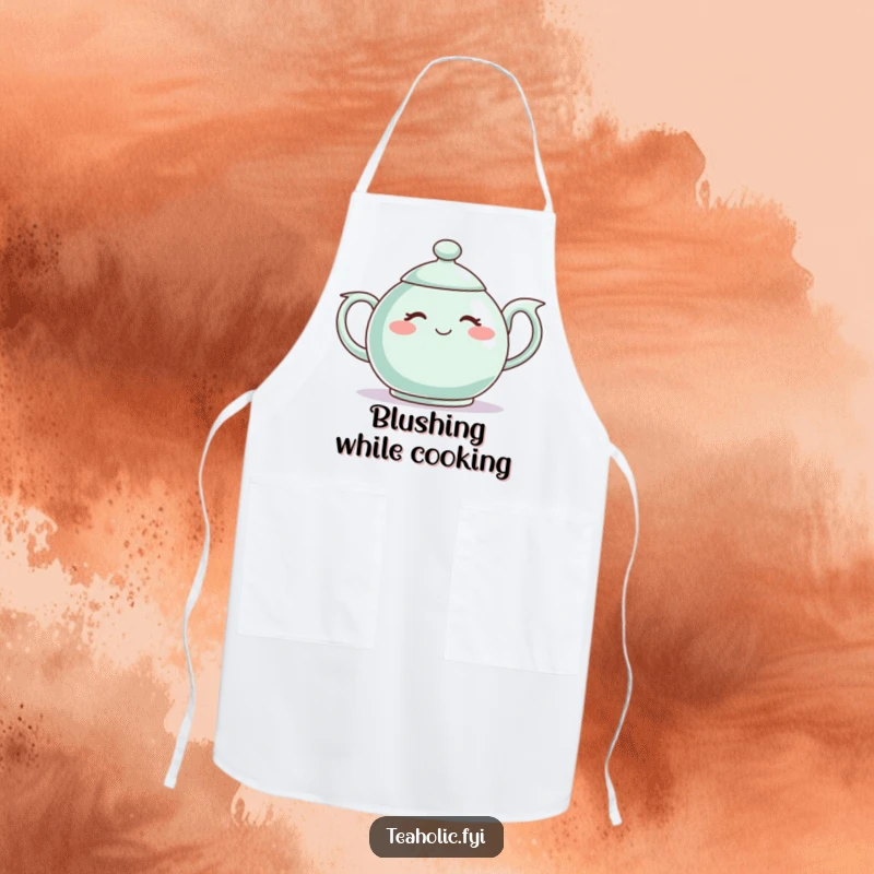 Funny apron featuring a shy teapot character blushing, perfect for cooking with a touch of bashful sweetness.