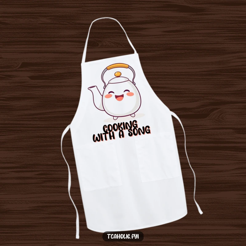 Funny tea kettle apron with a happy whistling character, ideal for cooking and as a funny gift.