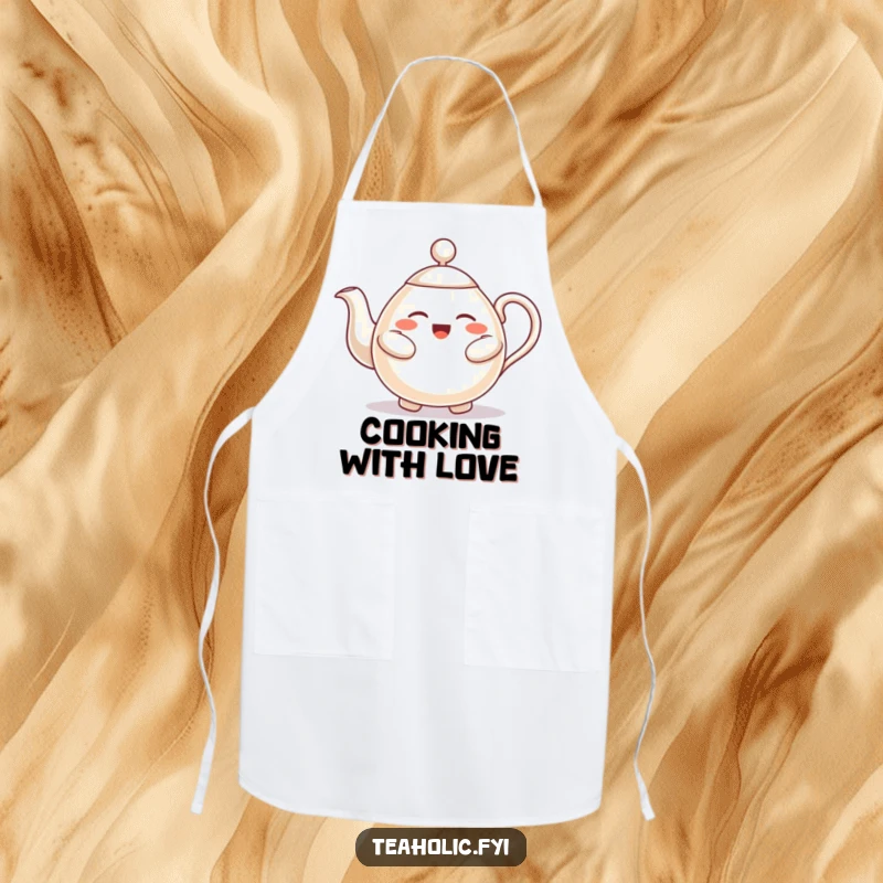 Funny apron featuring a welcoming teapot character offering a hug, perfect for cooking with warmth and a smile.