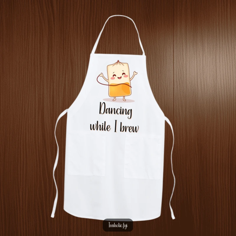 Funny tea bag apron with a smiling character doing a cheerful jig, ideal for cooking and as a funny gift.