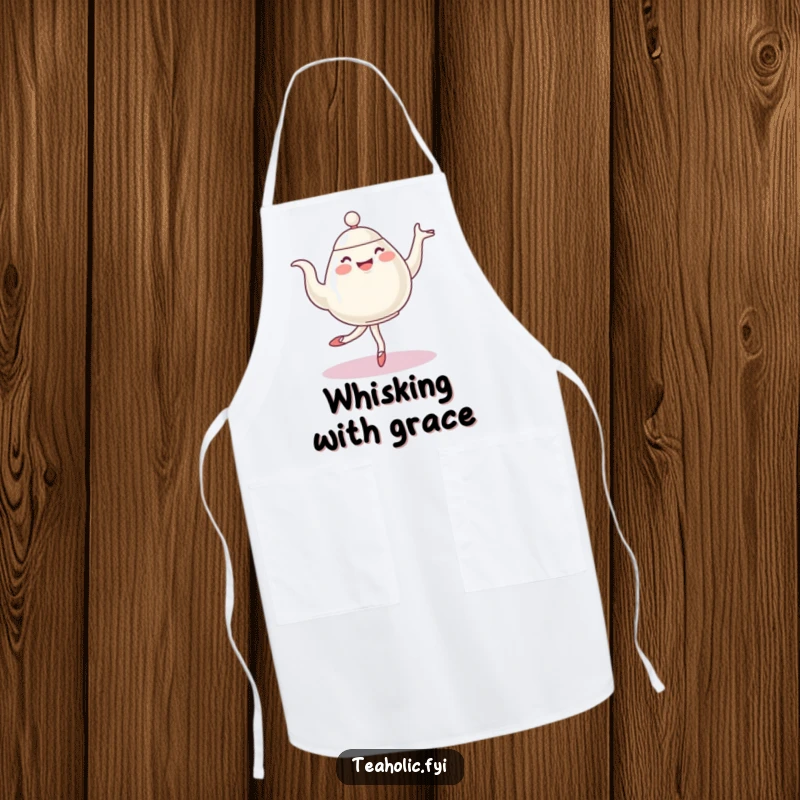 Funny ballet teapot apron, a cheerful character performing an elegant pirouette in a kitchen setting, humorous and practical cooking wear.