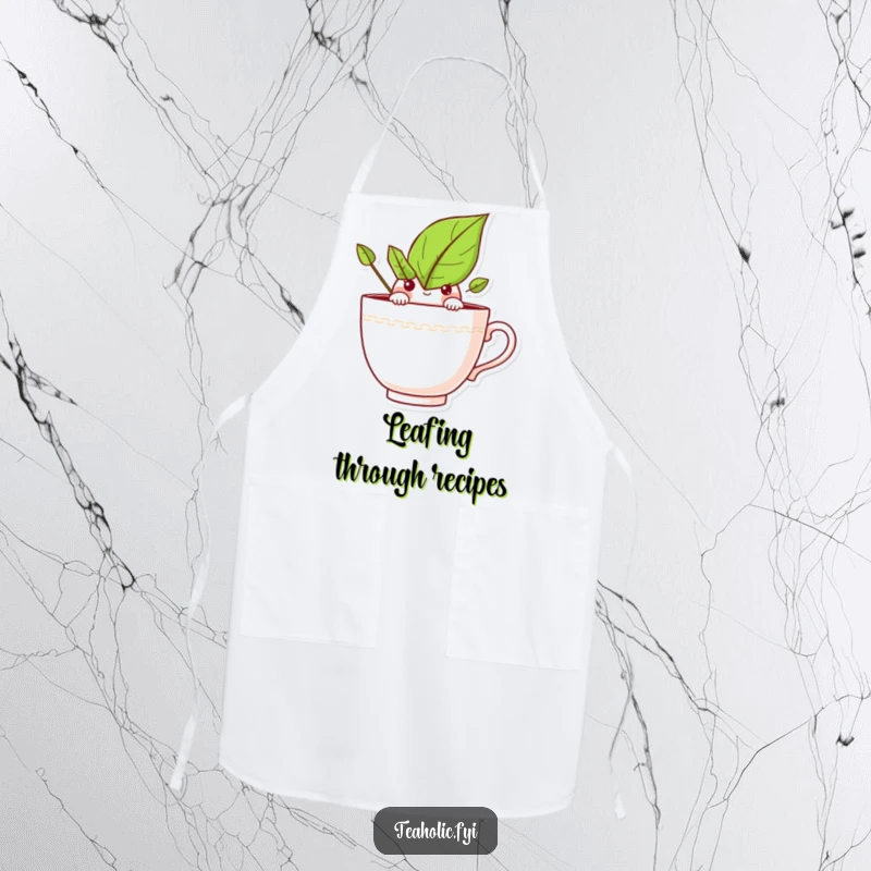 Funny apron with a curious tea leaf character peeking over a teacup rim, perfect for brewing up fun in the kitchen.