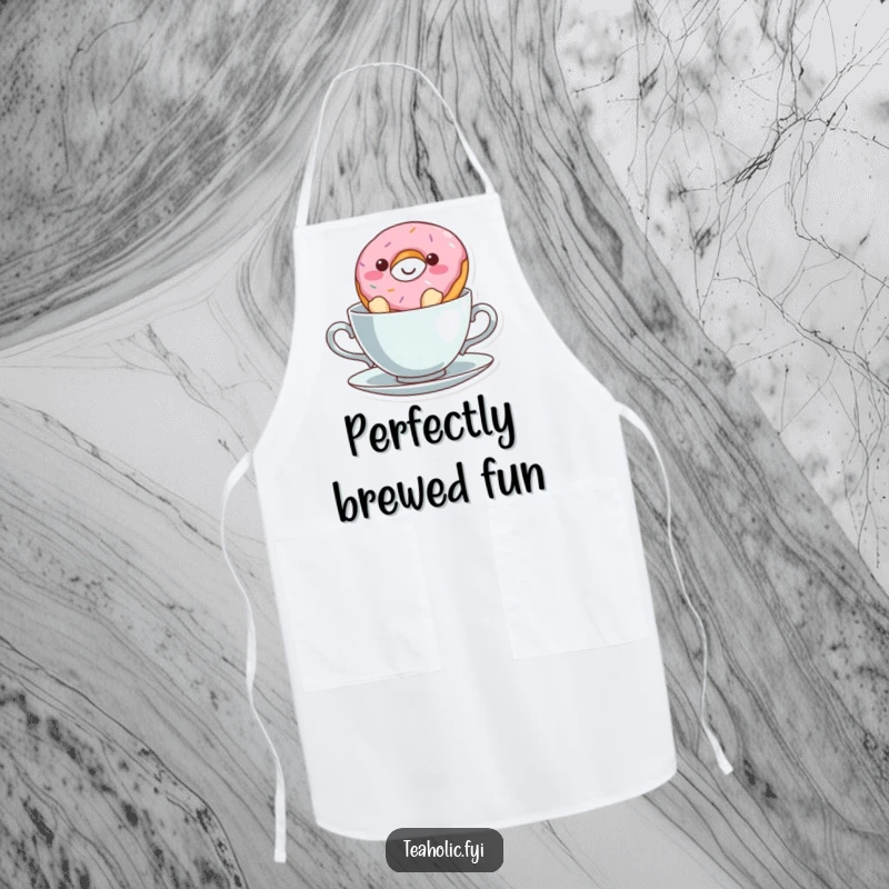 Funny donut character smiling in a teacup on a kitchen apron, a humorous and practical accessory.
