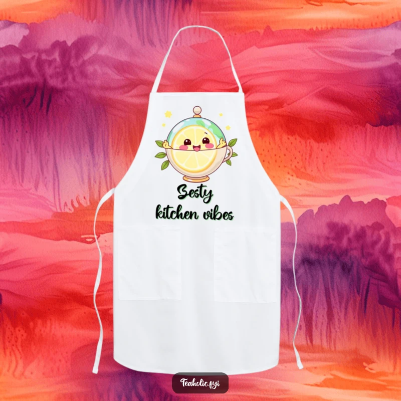 Funny apron with a joyful lemon slice character zipping around a teacup globe, perfect for cooking with zest and fun.
