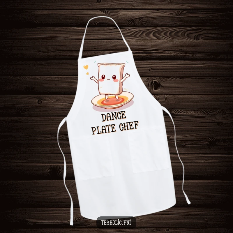Funny kawaii tea bag character dancing on a saucer, a humorous and functional kitchen apron.