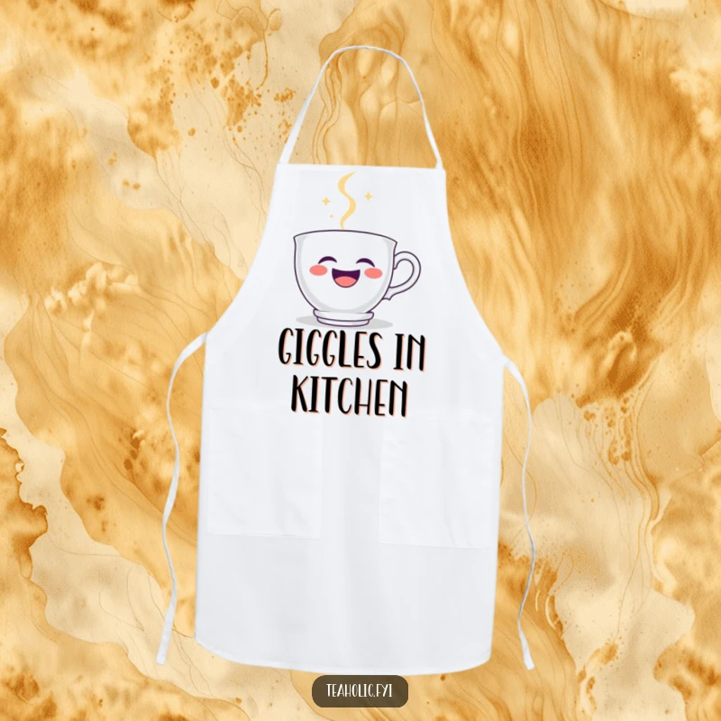 Funny teacup apron showing a laughing teacup character, with steam artfully creating a happy smiley face, perfect for a cheerful cook.