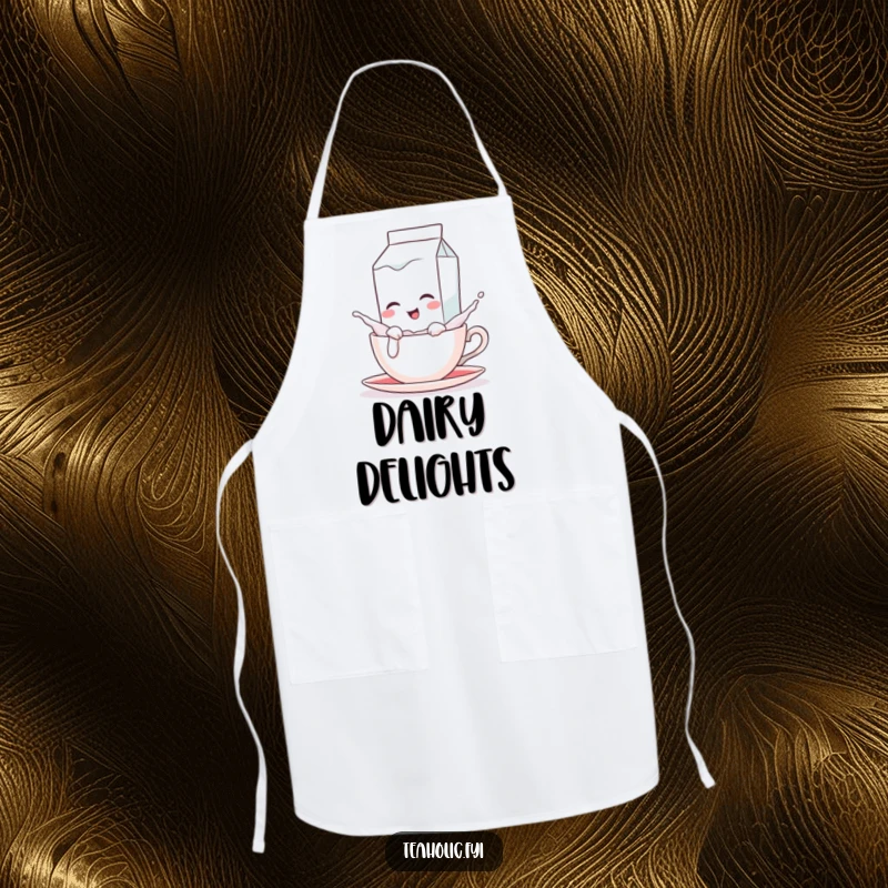 Funny apron showing a winking milk carton character playfully splashing into a teacup, perfect for playful chefs.