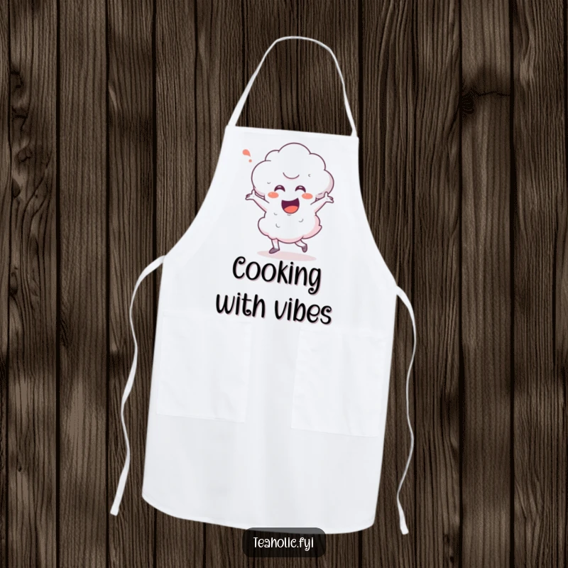 Funny steam cloud character in a lively happy dance, printed on a kitchen apron, making meal prep a humorous activity.