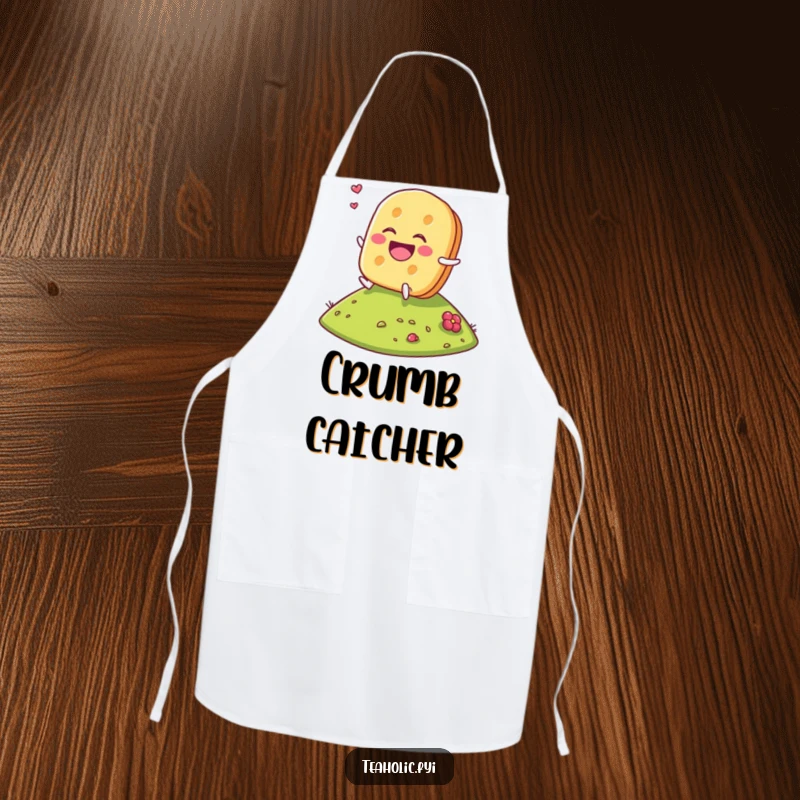 Funny Tea Biscuit Apron showing a laughing tea biscuit character rolling down a hill, ideal for adding humor to baking.