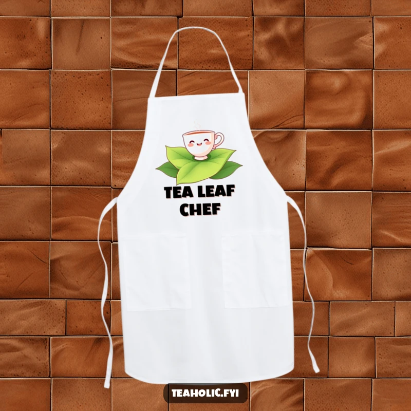 Funny teacup character happily floating on a large tea leaf, a humorous and functional apron.