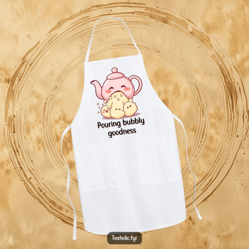 Funny apron featuring a giggling teapot character pouring a stream of bubble-like characters, ready for kitchen fun.
