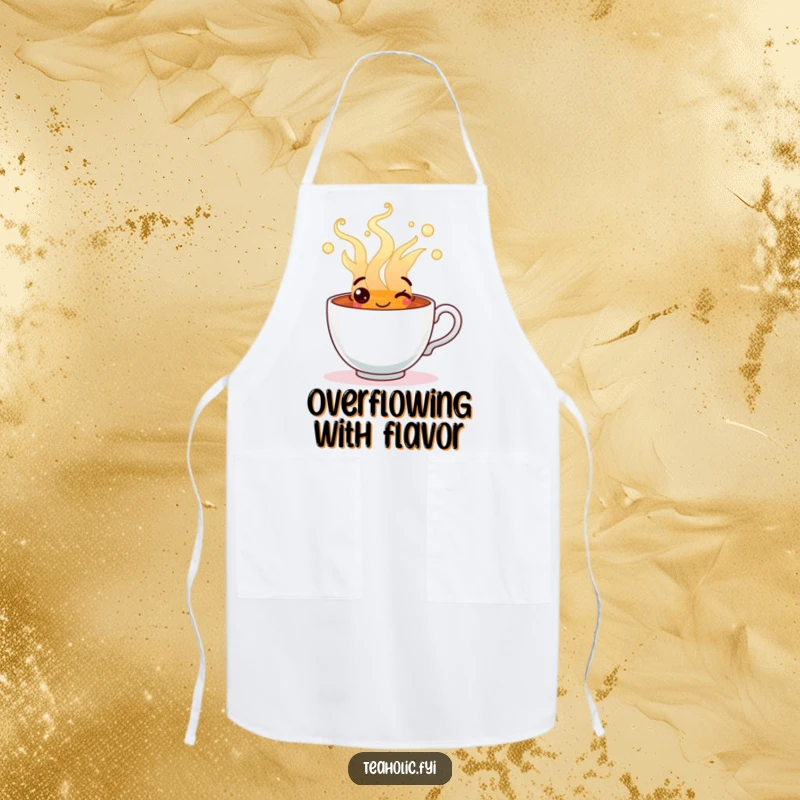 Funny apron featuring a happy tea cup character overflowing with steaming, cheerful tea, ready for kitchen duties.