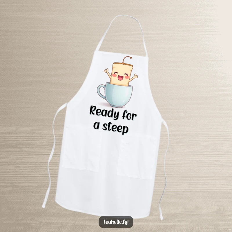 Funny tea bag jump apron, a delighted character joyfully leaping into a mug, humorous and practical kitchen wear for tea lovers.