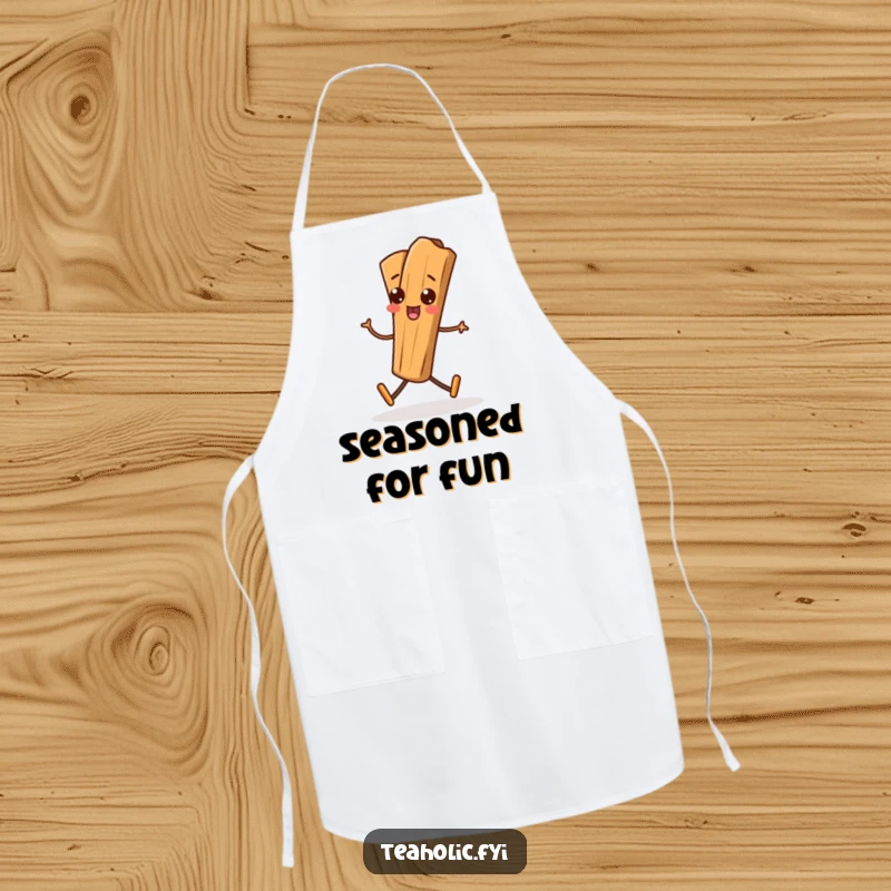 Funny Cinnamon Stick Apron showing a playful cinnamon stick character marching, ideal for adding humor to cooking tasks.
