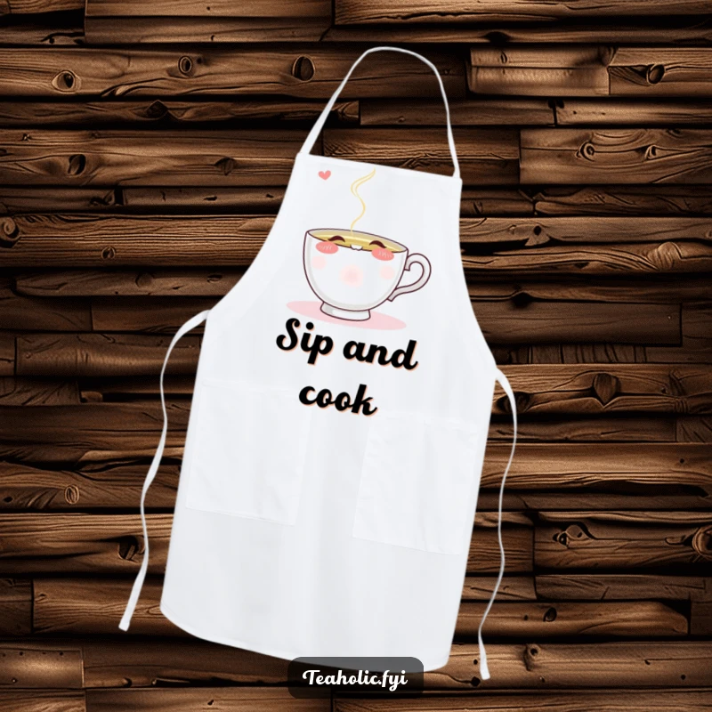 Funny blushing teacup character eagerly sipping from a stream of steaming tea, depicted on a kitchen apron.