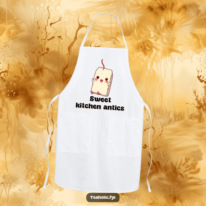 Funny apron depicting a tea bag character swinging energetically from a sugar cube, designed for kitchen fun and mess protection.