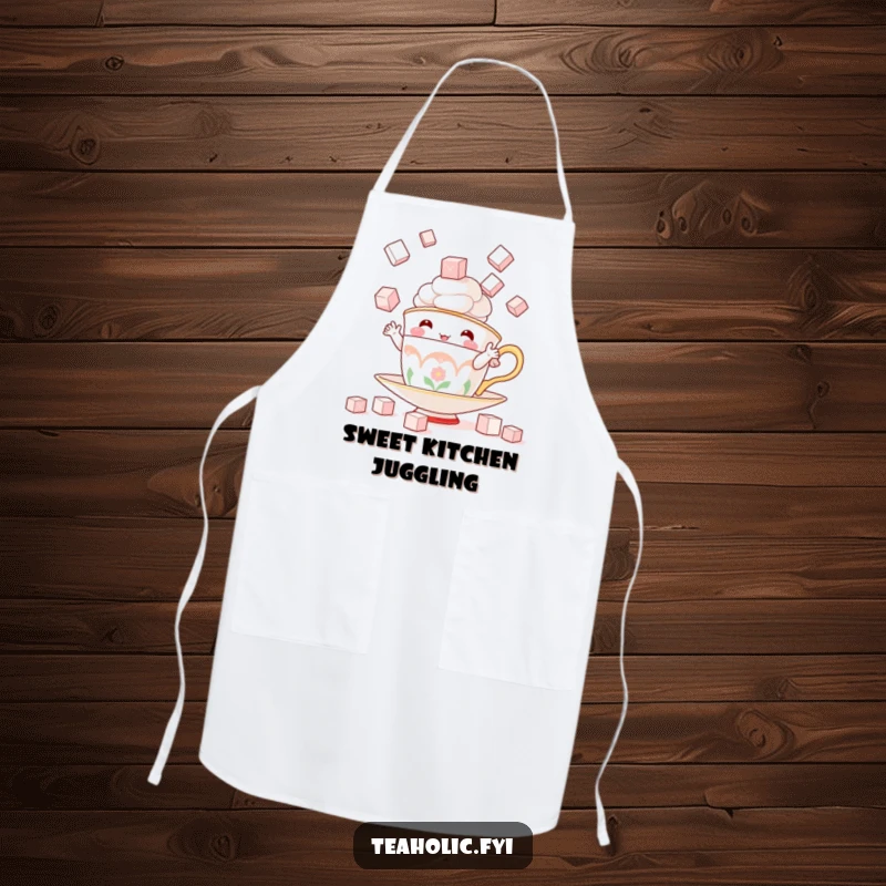 Funny apron featuring a whimsical teacup character juggling sugar cubes, perfect for cooking with playful precision.