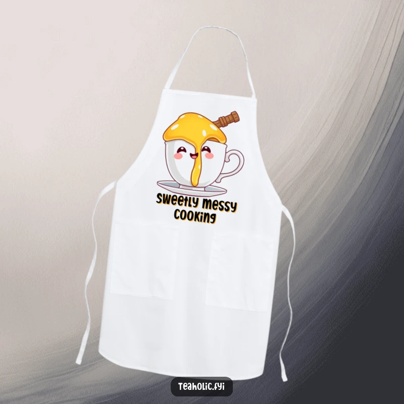 Funny apron showing a happy honey pot character comically dripping onto a teacup handle, perfect for cooking with sweet, sticky humor.