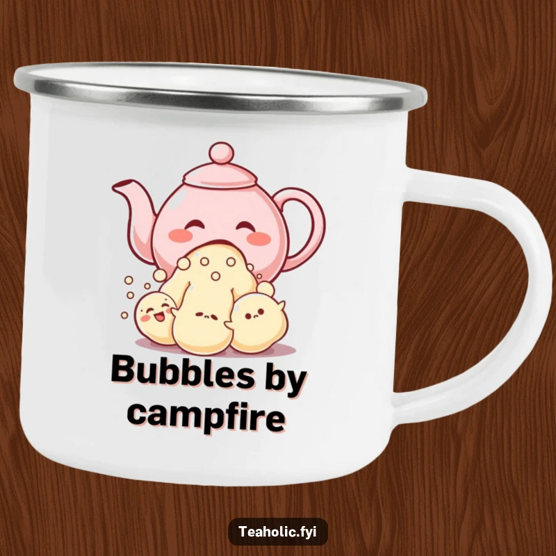 Funny camping mug showing a giggling teapot character pouring a stream of bubble-like characters, ready for outdoors.