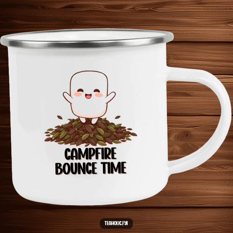 Funny giggling marshmallow character playfully bouncing on a pile of tea leaves, illustrated on an enamel camping mug.