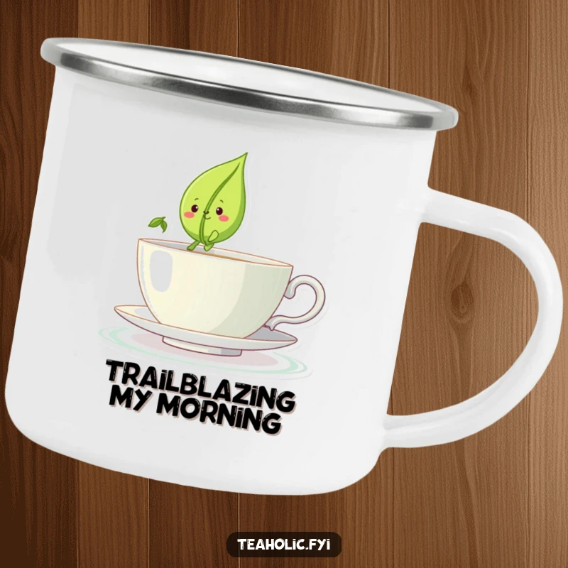 Funny camping mug featuring a smiling tea leaf character sailing a teacup like a boat, a rugged funny gift.