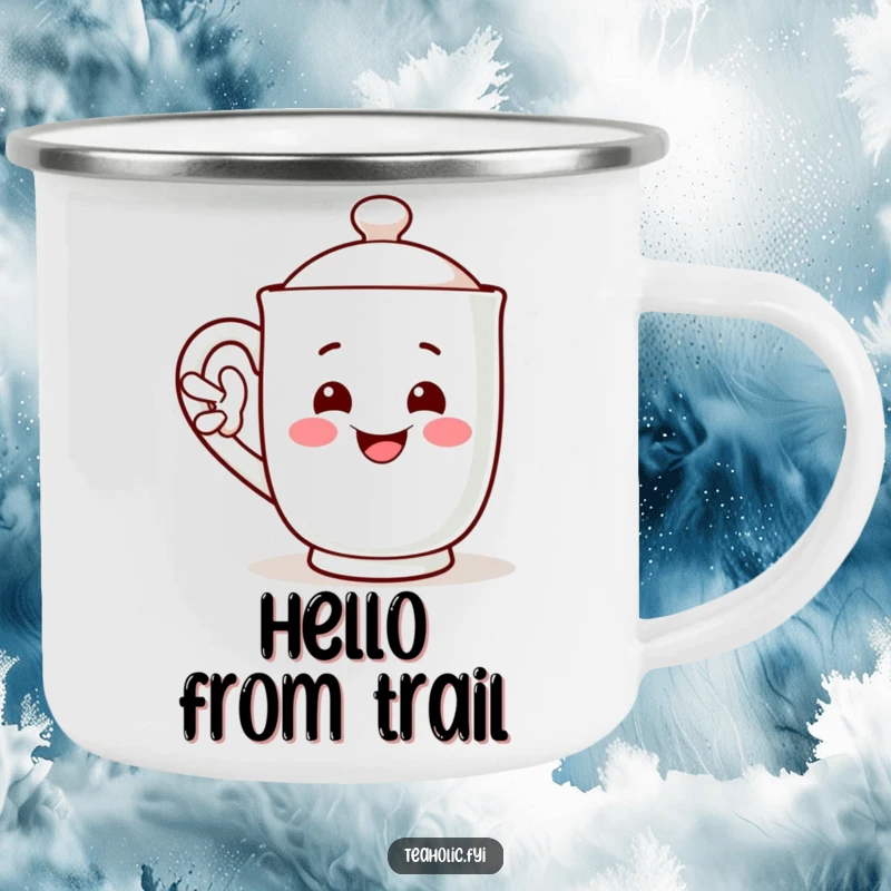 Funny camping mug featuring a smiling mug character waving its handle, a cheerful funny gift.
