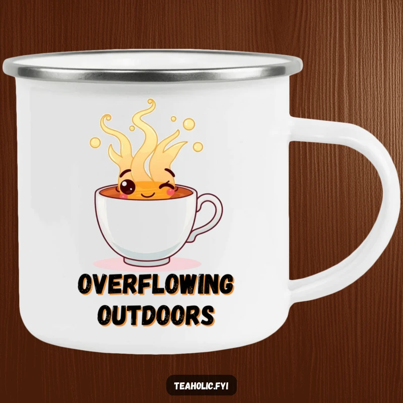 Funny camping mug showing a happy tea cup character overflowing with steaming, cheerful tea, ready for outdoors.