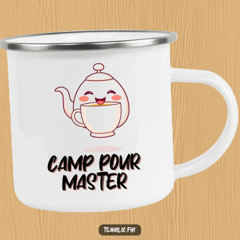 Funny cheerful teapot character joyfully pouring tea into a hovering mug, illustrated on an enamel camping mug.