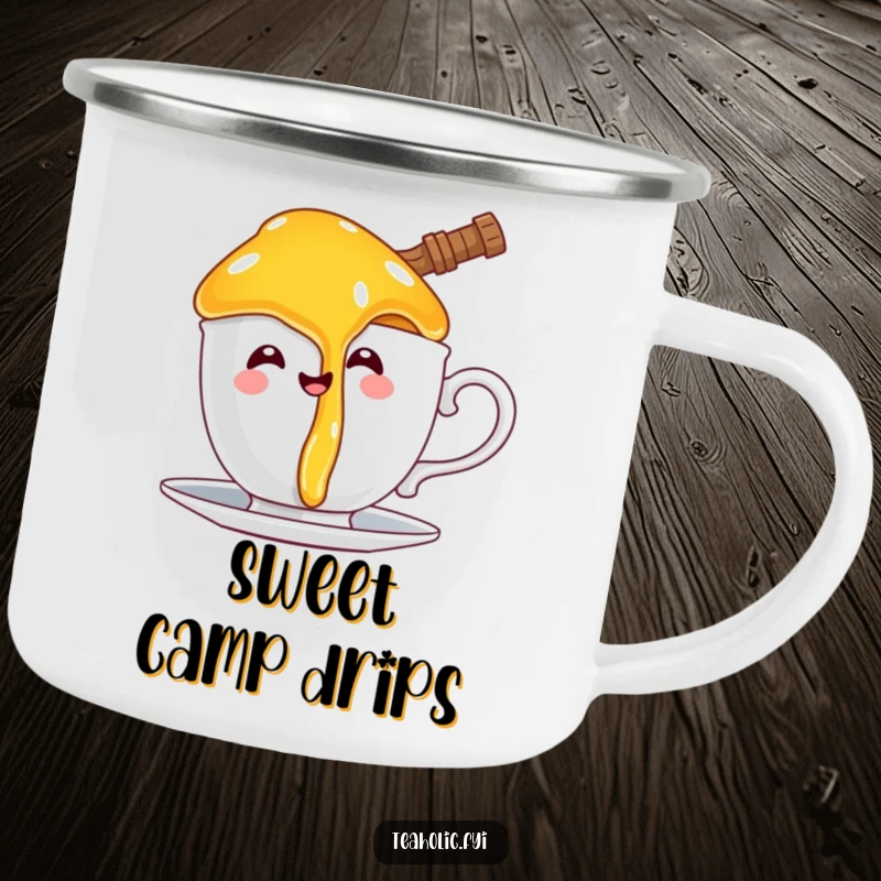 Funny camping mug with a happy honey pot character comically dripping onto a teacup handle, for sweet sips outdoors.