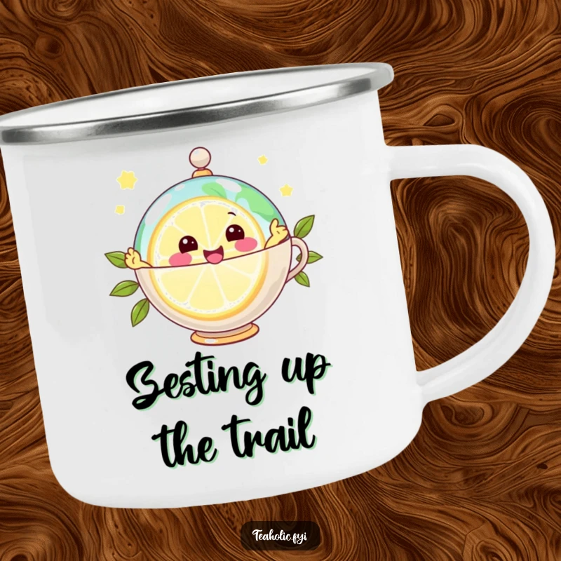 Funny camping mug with a joyful lemon slice character zipping around a teacup globe, for zesty sips outdoors.