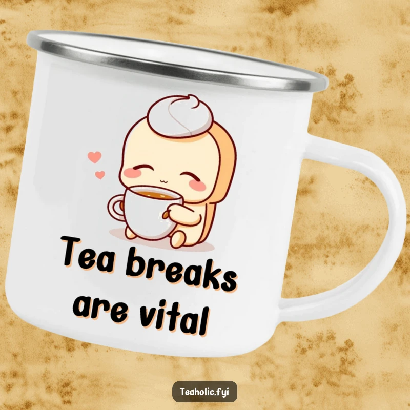 Funny Pastry Camping Mug: A contented pastry character sips tea with eyes closed, ready for tranquil outdoor moments.