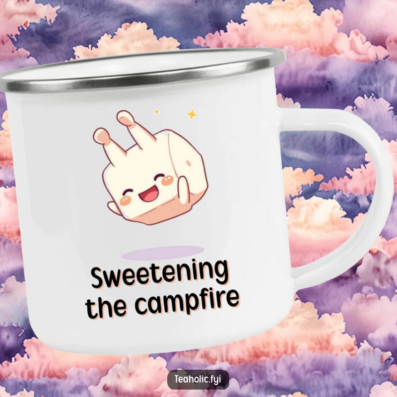 Funny sugar cube somersault camping mug, a giggling character performing a joyful flip, durable enamel cup for humorous outdoor enjoyment.