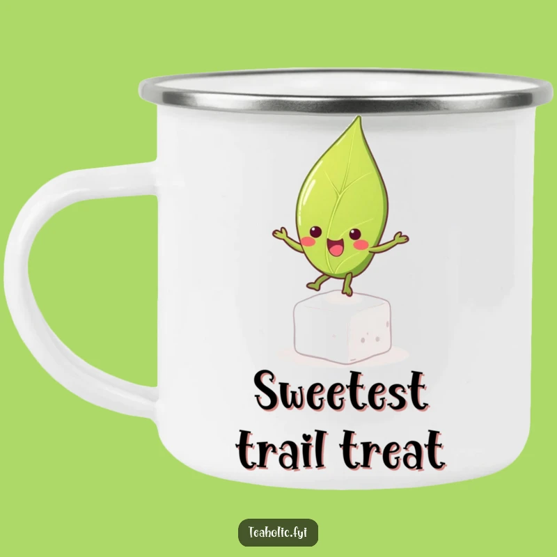 Funny Tea Leaf Bouncing Enamel Camping Mug, Adventure with a Smile