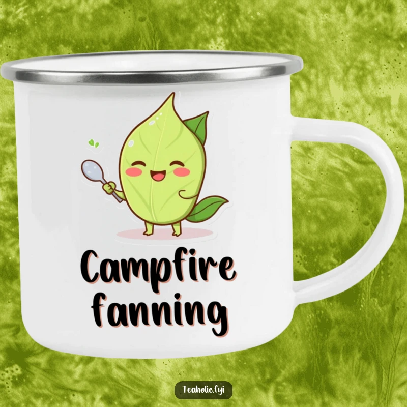Funny smiling tea leaf character fanning itself with a tiny spoon, a durable and funny camping mug.