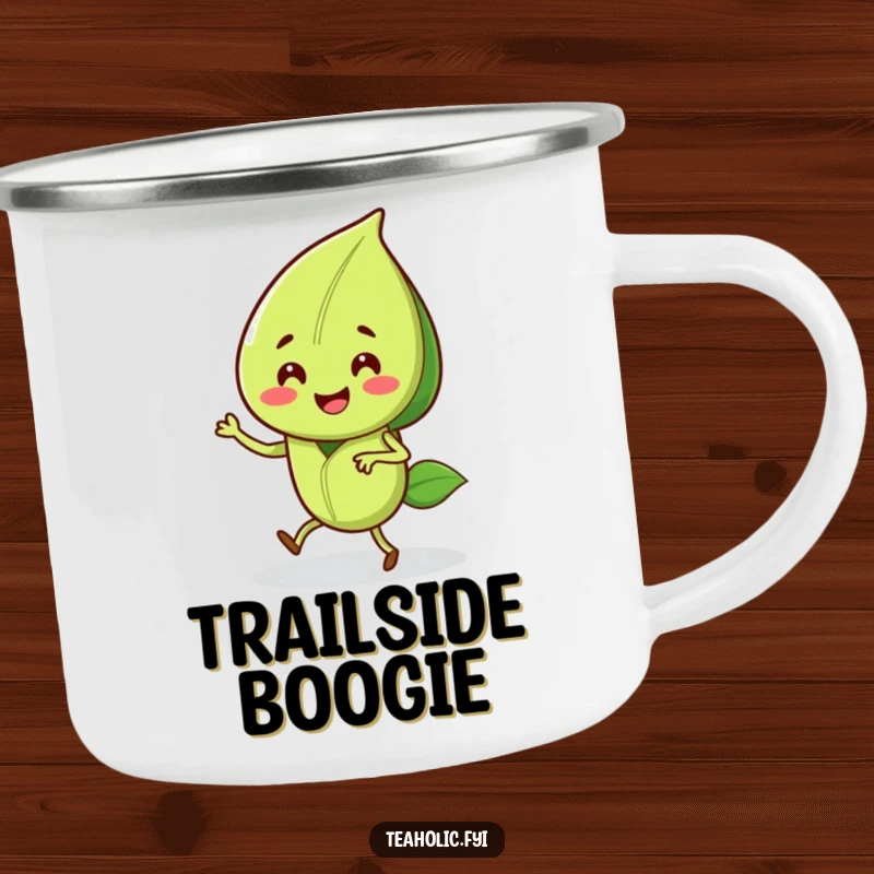 Funny camping mug showcasing a smiling tea leaf character doing a joyful jig, durable and amusing for outdoor enjoyment.