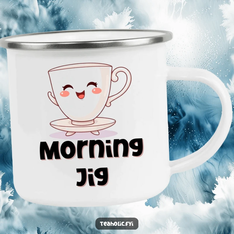 Funny camping mug with a cheerful teacup character dancing a lively jig on its saucer feet in the great outdoors.