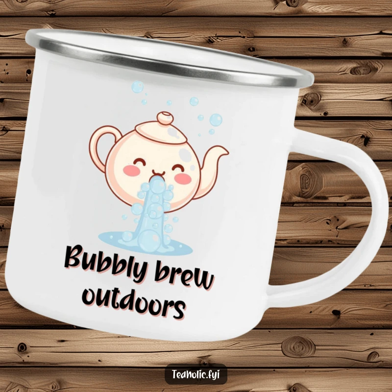 Funny camping mug showcasing a teapot character pouring a cascade of bubbles, durable and amusing for outdoor enjoyment.