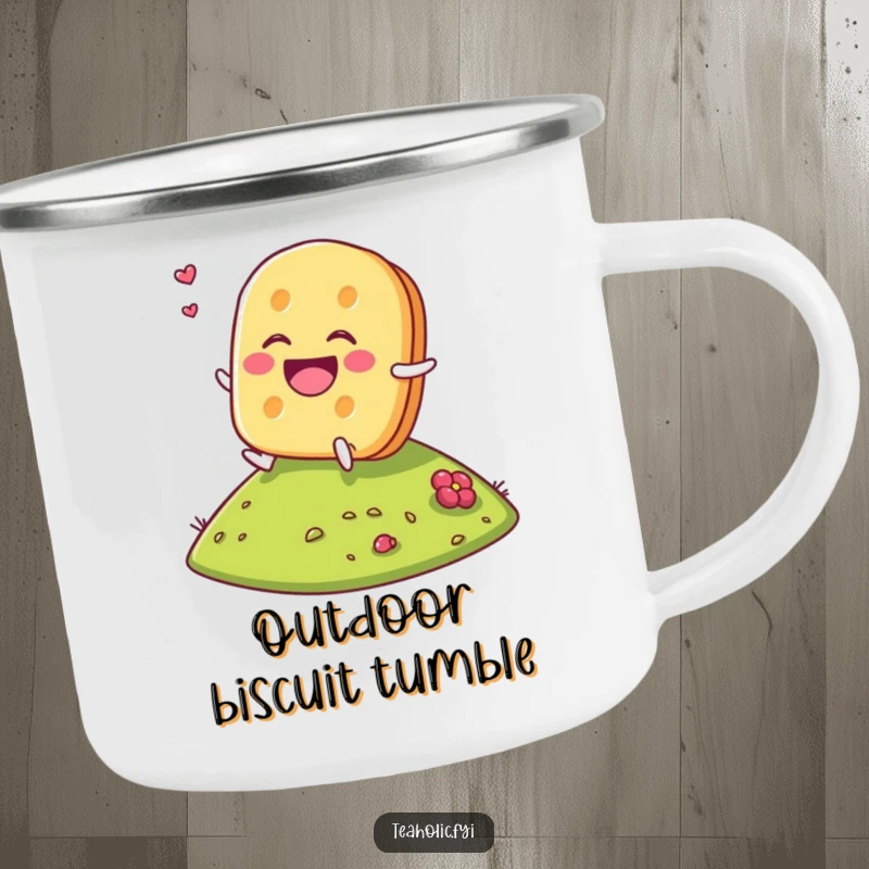 Funny Tea Biscuit Camping Mug showing a laughing tea biscuit character rolling down a hill, built for fun and sweet moments.