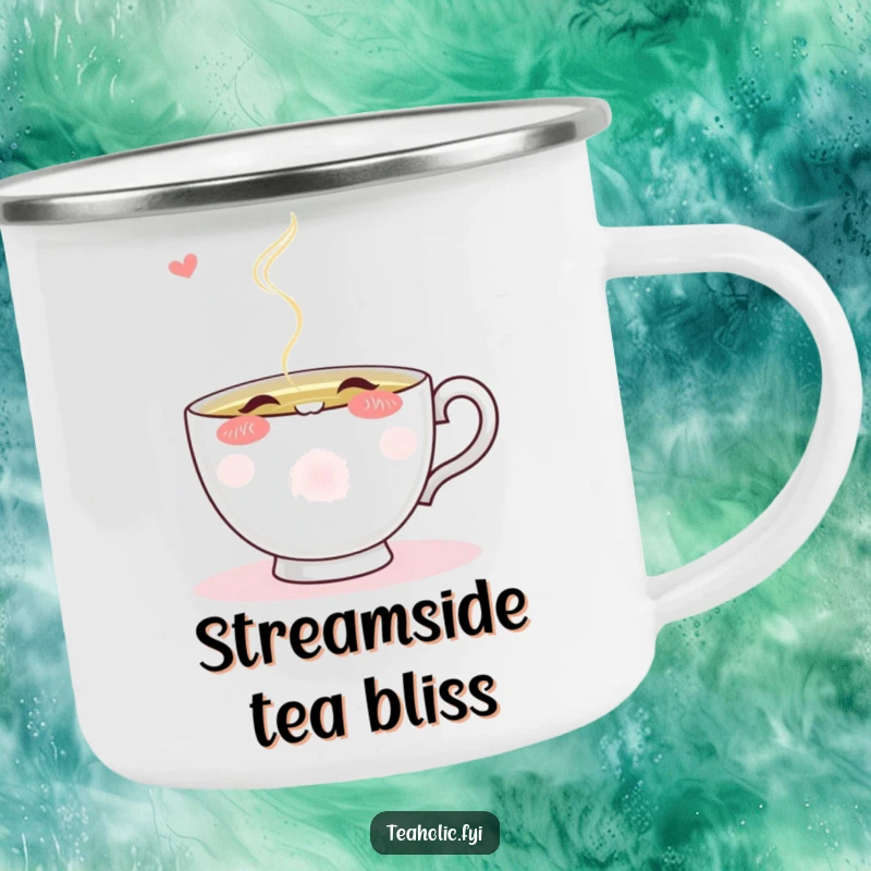 Funny blushing teacup character eagerly sipping from a stream of steaming tea, illustrated on an enamel camping mug.