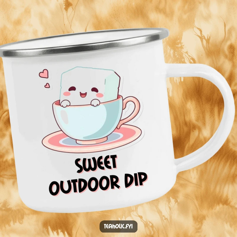Funny camping mug featuring a happy sugar cube character swimming in a teacup. Perfect for outdoor enthusiasts who enjoy humor.