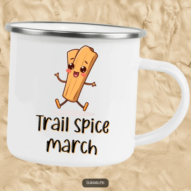 Funny Cinnamon Stick Camping Mug showing a playful cinnamon stick character marching, built for fun and outdoor spirit.