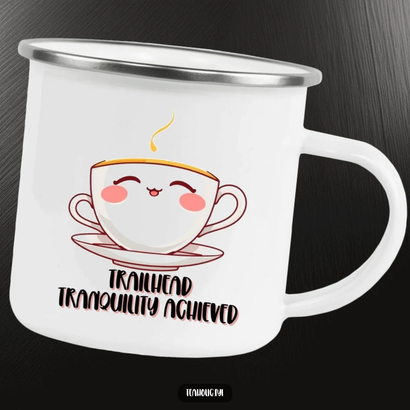 Funny thrilled teacup camping mug displaying a character joyfully sipping tea with closed eyes, perfect for outdoor adventures or home use.
