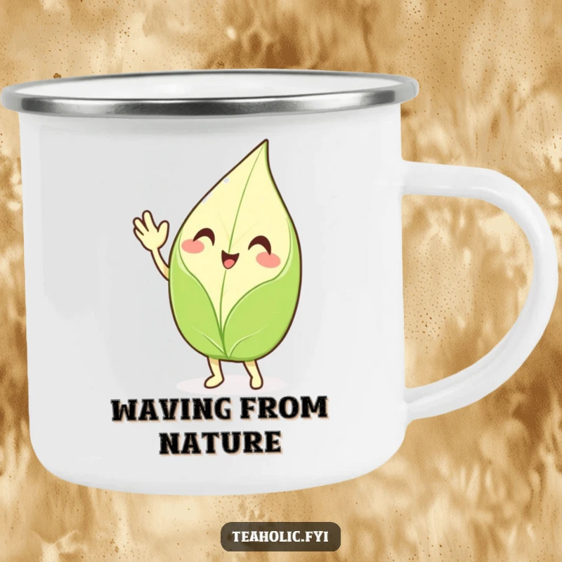 Funny waving tea leaf camping mug, a smiling character enthusiastically waving hello, durable enamel cup for humorous outdoor enjoyment.