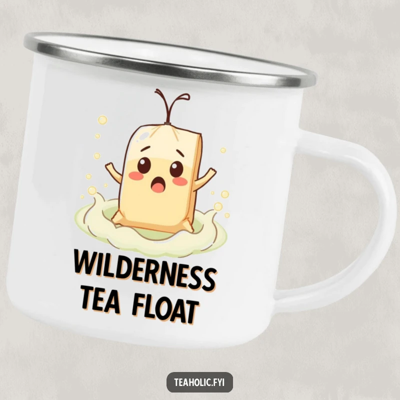 Funny surprised teabag character comically floating on a bubbly tea sea, illustrated on an enamel camping mug.