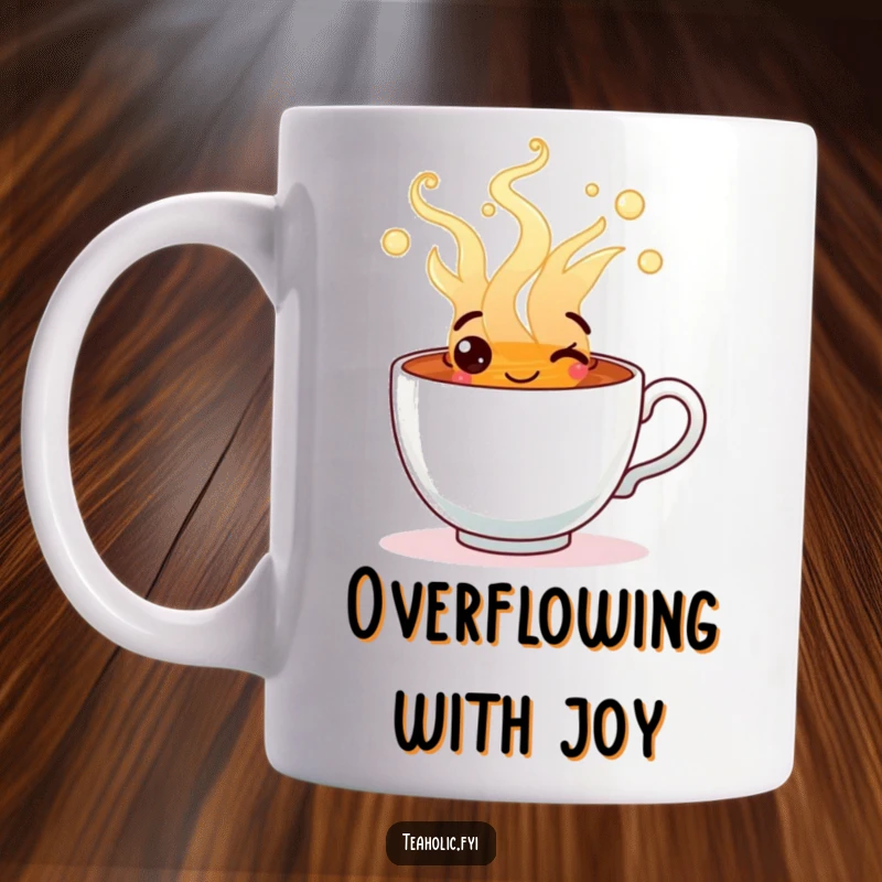 Funny mug depicting a happy tea cup character overflowing with steaming, cheerful tea, radiating warmth and joy.