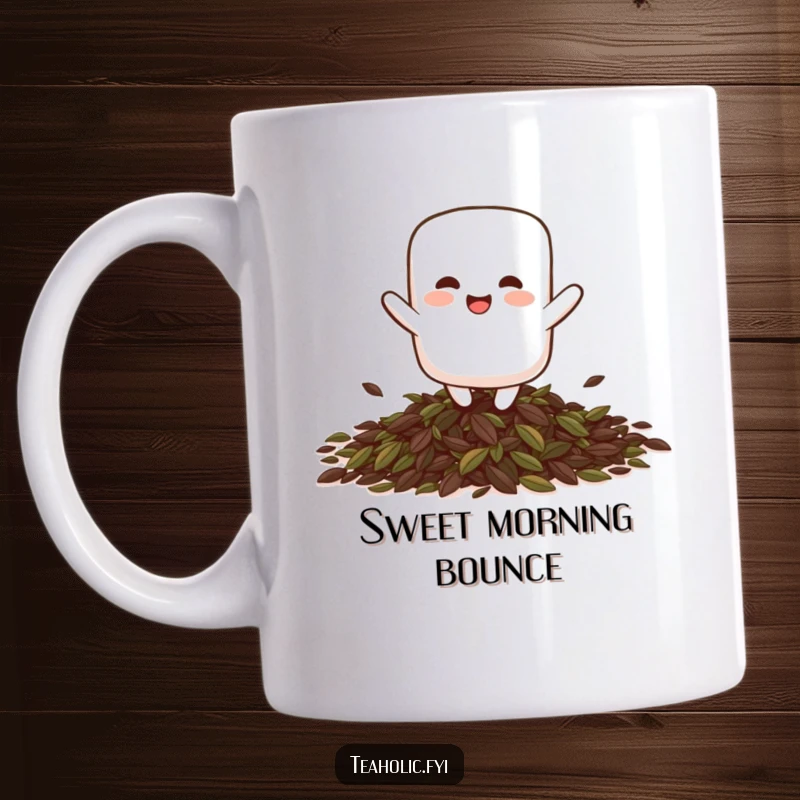 Funny giggling marshmallow character playfully bouncing on a pile of tea leaves, depicted on a ceramic mug.