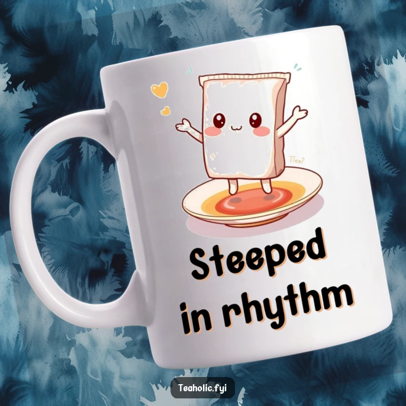 Funny kawaii tea bag character happily dancing on a ceramic saucer, a cute and funny mug.