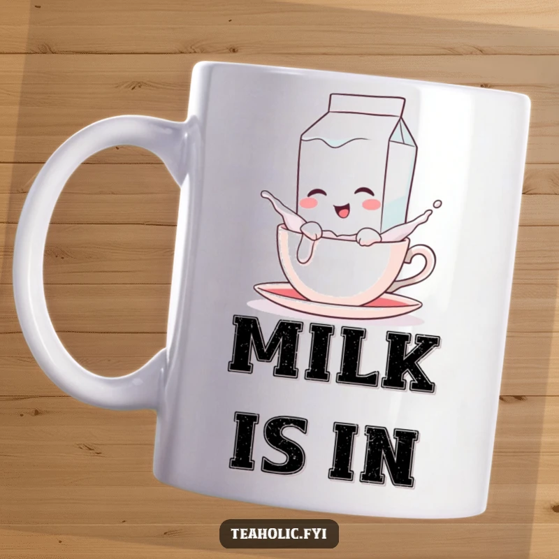 Funny mug showing a winking milk carton character playfully splashing into a teacup, full of mischief and fun.